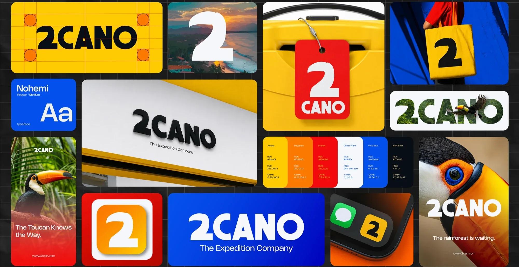 Tablero de marca 2Cano: logo, paleta, tipografía Nohemi, letrero, maleta, bolsa e ícono de app