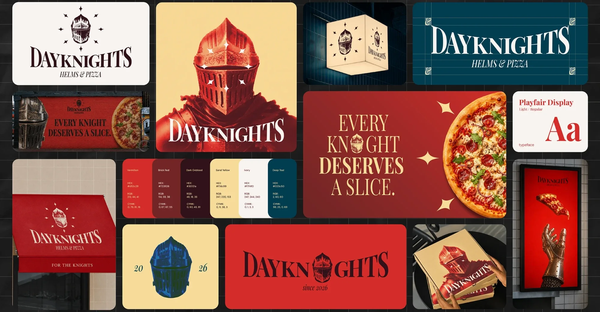 Tablero de marca Dayknights: logo, paleta, tipografía Playfair Display, toldo, caja y afiches