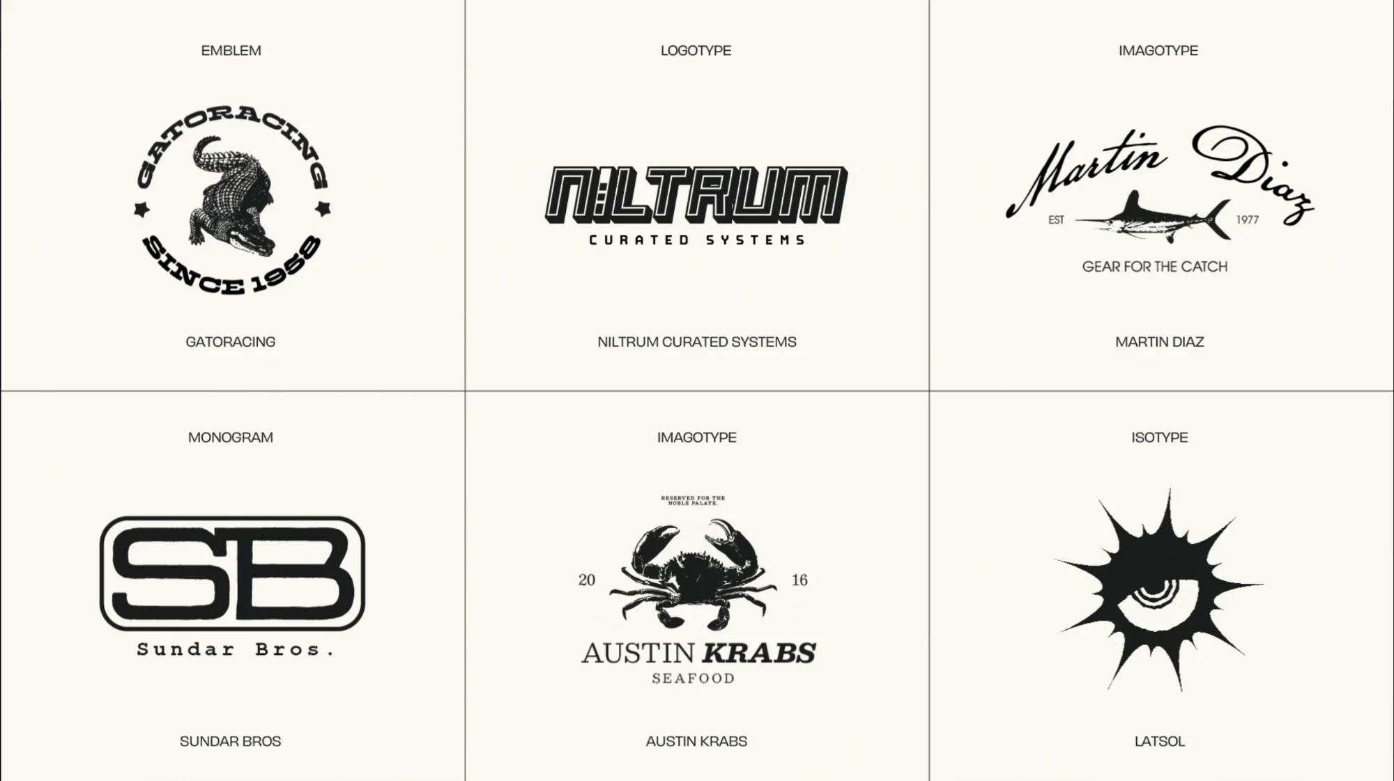 Logofolio con seis logos: Gatoracing, Niltrum, Martin Diaz, Sundar Bros, Austin Krabs y Latsol